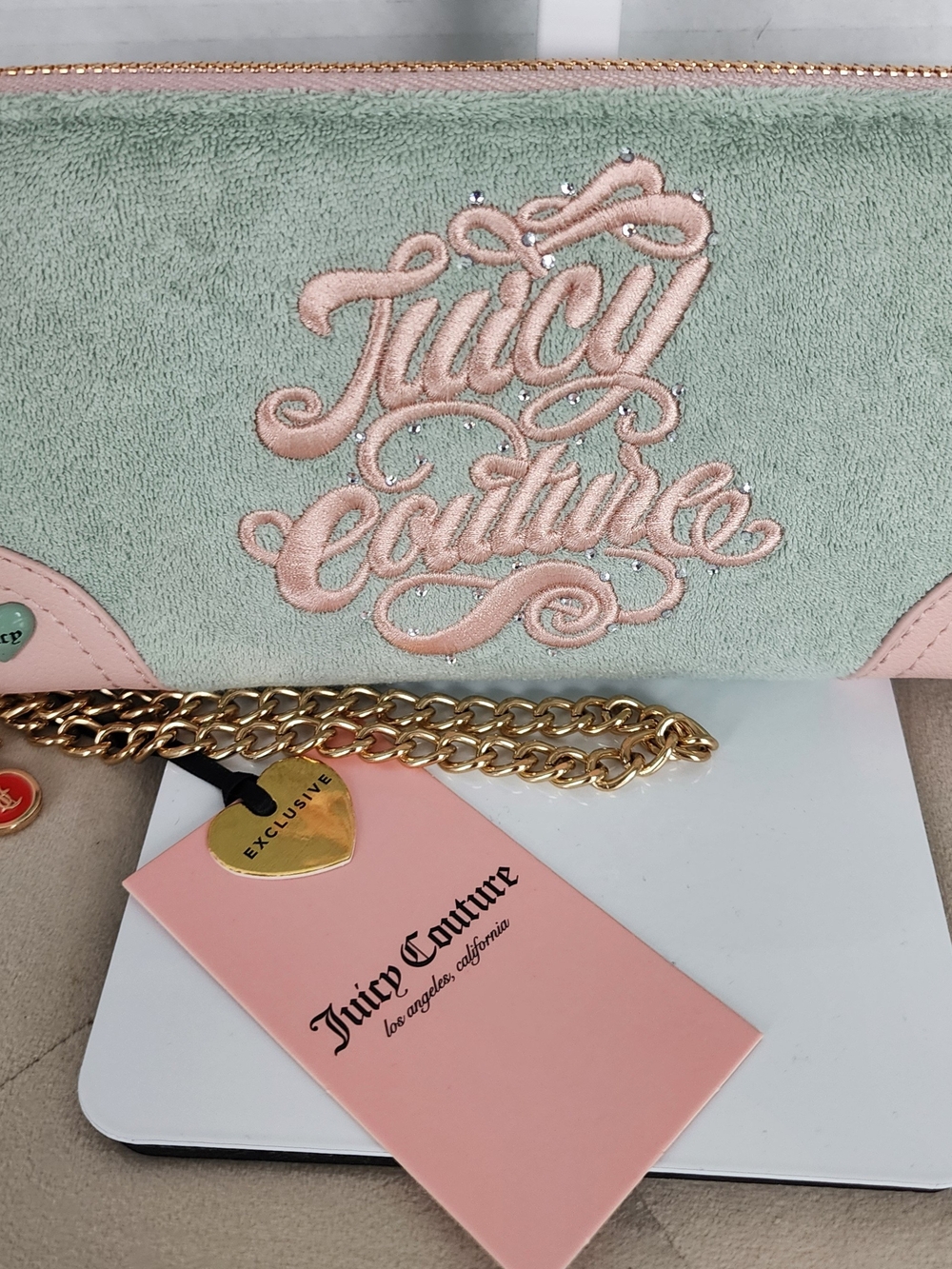 NWT Juicy Couture Mint Terry Zip Around Wallet Wristlet Cherry Charm Gold Chain